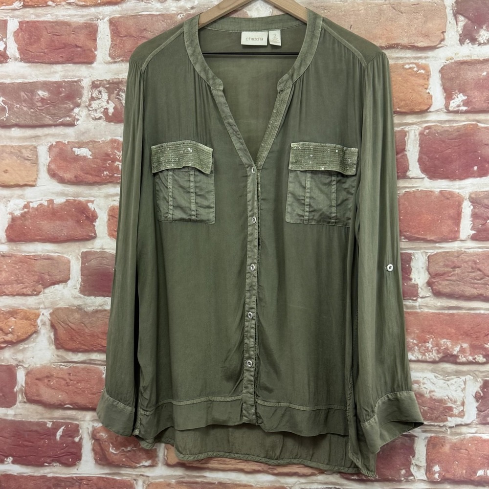 Chicos Top Women's Large Olive Green Shimmery Worn Look Sequin Trim Casual Shirt - Picture 3 of 9